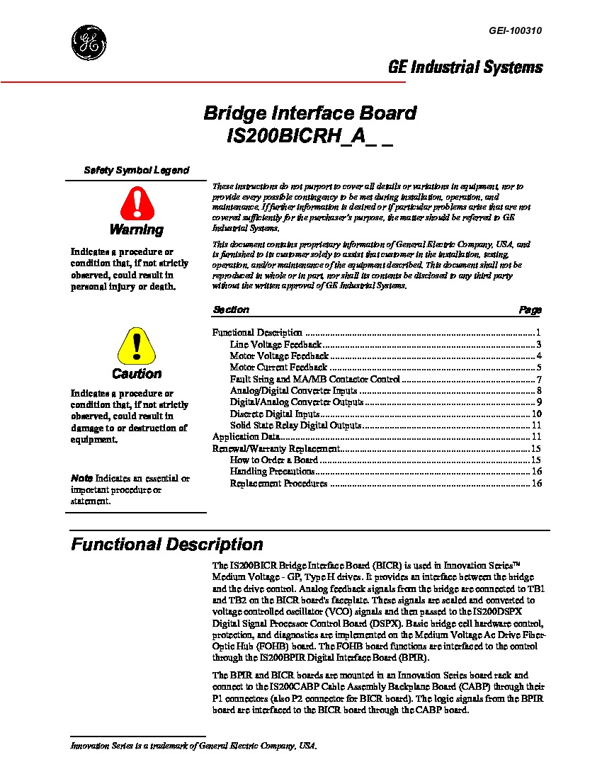 First Page Image of IS200BICRH Bridge Interface Board GEI-100310.pdf